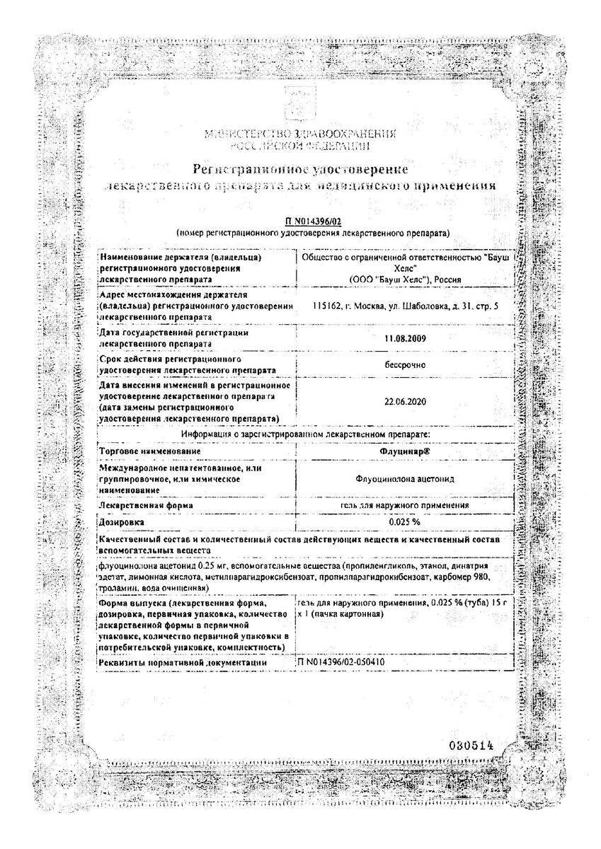 Сертификат на Флуцинар, гель 0.025% 15 г, 1 шт.