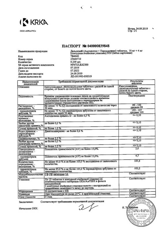 Сертификат на Дальнева, таблетки 10 мг+4 мг, 30 шт.