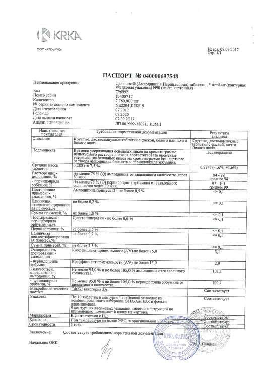 Сертификат на Дальнева, таблетки 5 мг+8 мг, 90 шт.