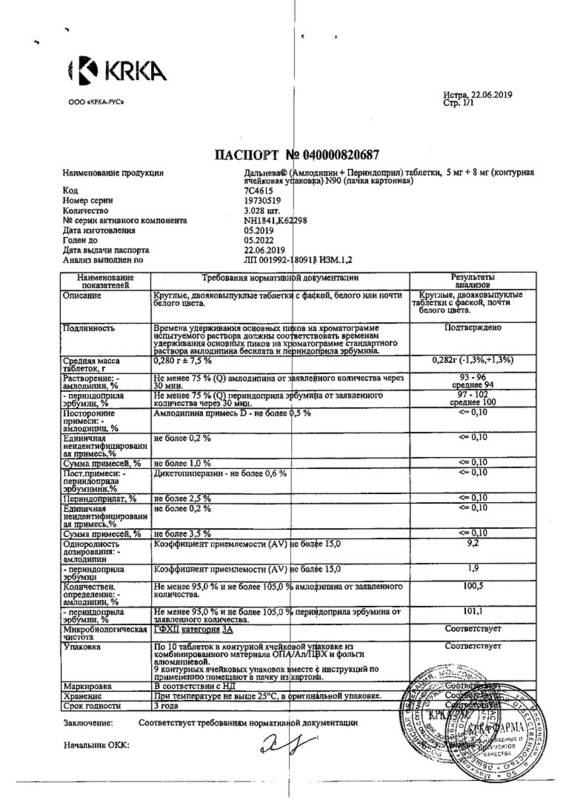 Сертификат на Дальнева, таблетки 5 мг+8 мг, 90 шт.