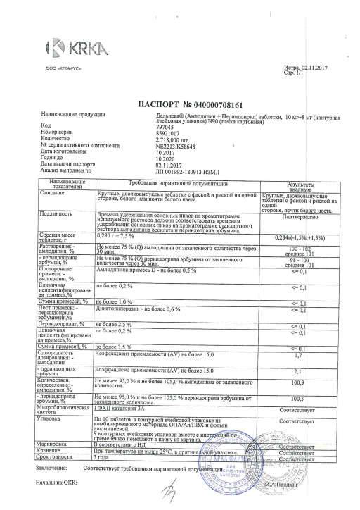 Сертификат на Дальнева, таблетки 10 мг+8 мг, 90 шт.