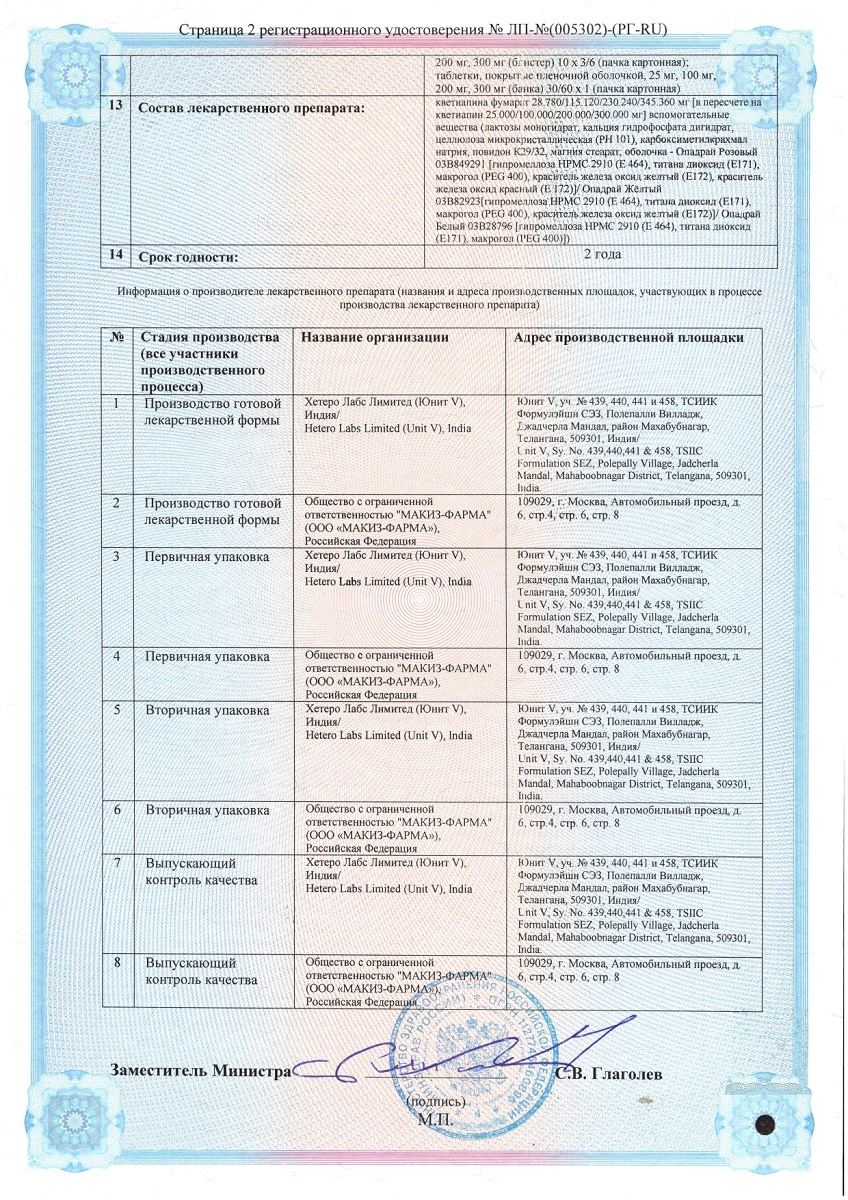 Сертификат на Кьюпинекс таблетки, покрытые пленочной оболочкой 300 мг, 60 шт.