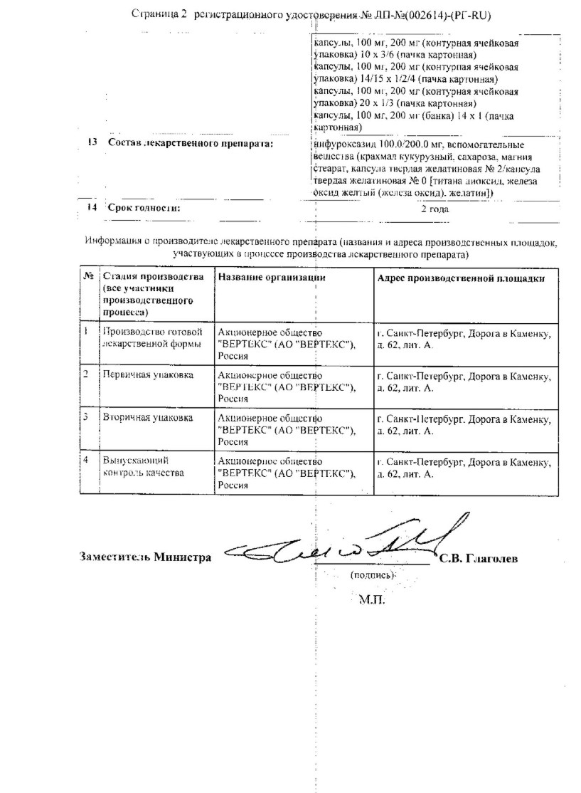 Сертификат на Нифуроксазид-Вертекс, капсулы 200 мг, 28 шт.