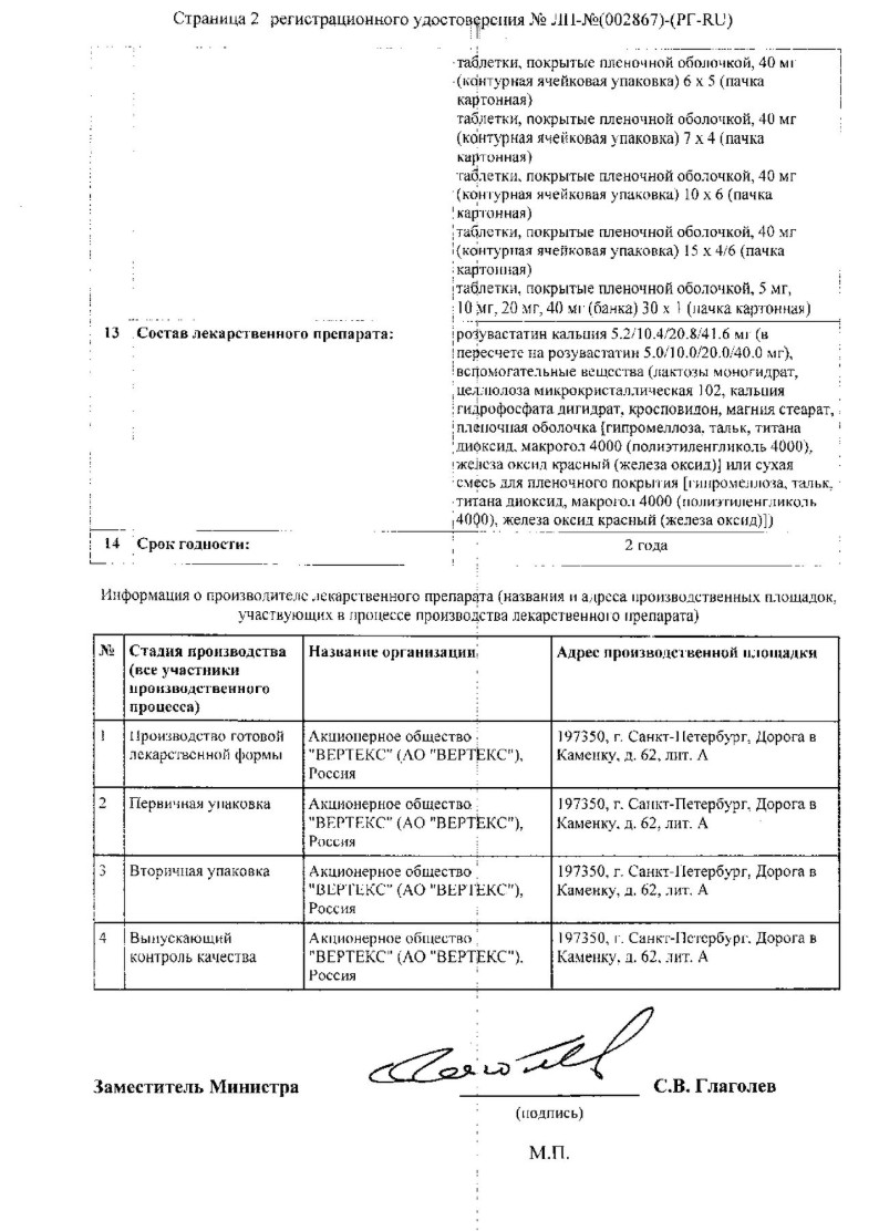 Сертификат на Розувастатин-Вертекс таблетки, покрытые пленочной оболочкой 5 мг, 30 шт.