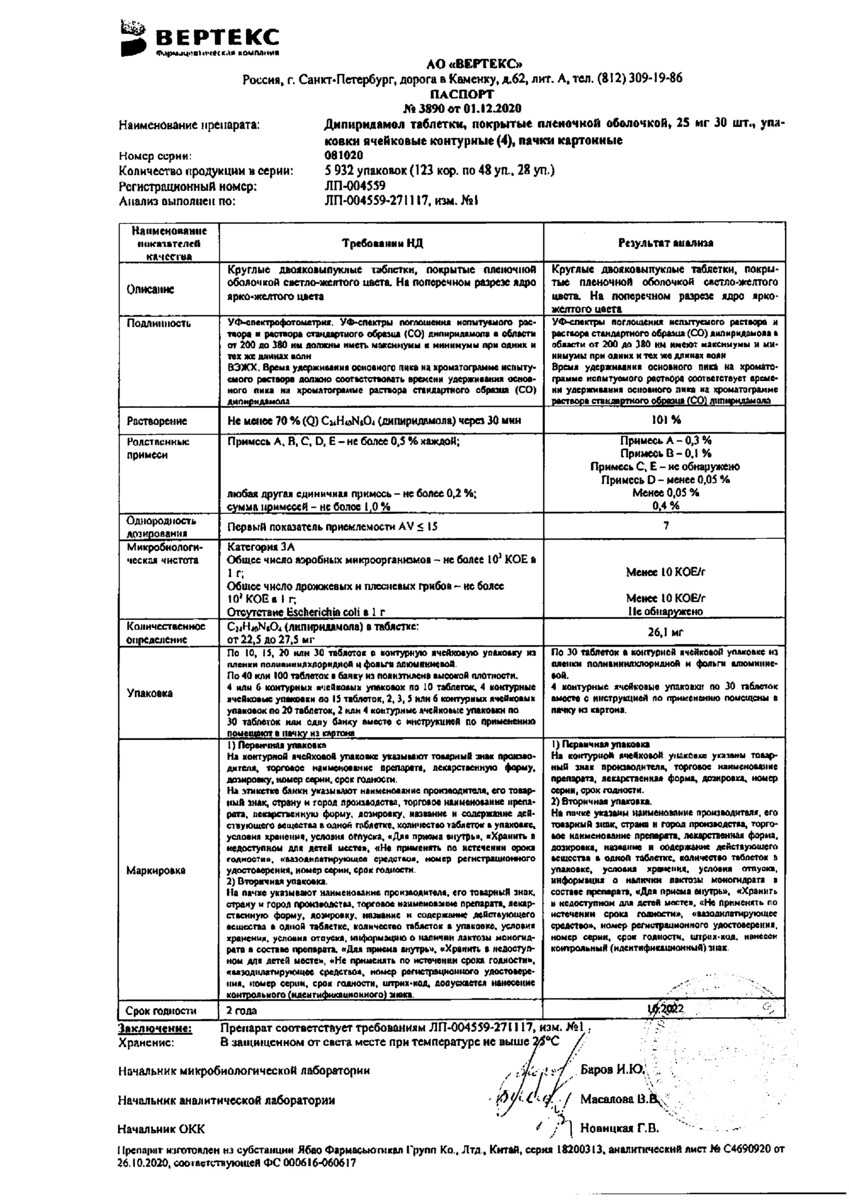 Сертификат на Дипиридамол, таблетки покрыт. плен. об. 25 мг, 120 шт.