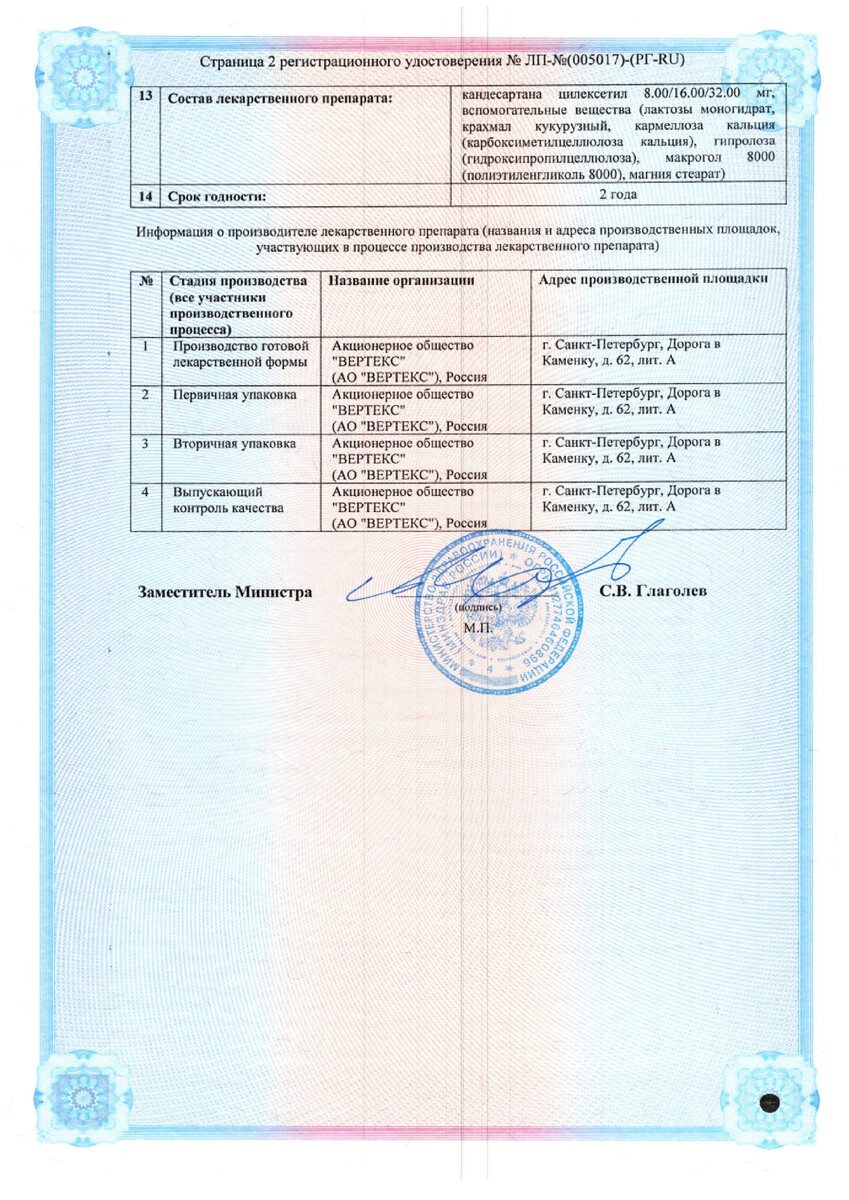 Сертификат на Кандесартан-Вертекс, таблетки 16 мг, 30 шт.