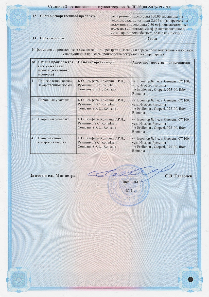 Сертификат на Миотолид раствор для в/м введения 100 мг+2,5 мг ампула 1 мл, 5 шт.