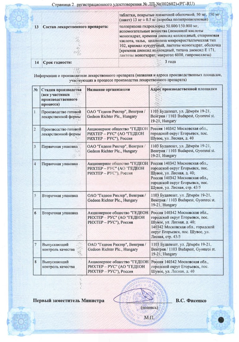 Сертификат Мидокалм, таблетки 150 мг, 30 шт.