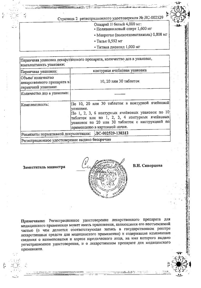 Сертификат на Индапамид ретард-АЛСИ, таблетки пролонгированного действия, покрытые оболочкой 1.5 мг, 60 шт.