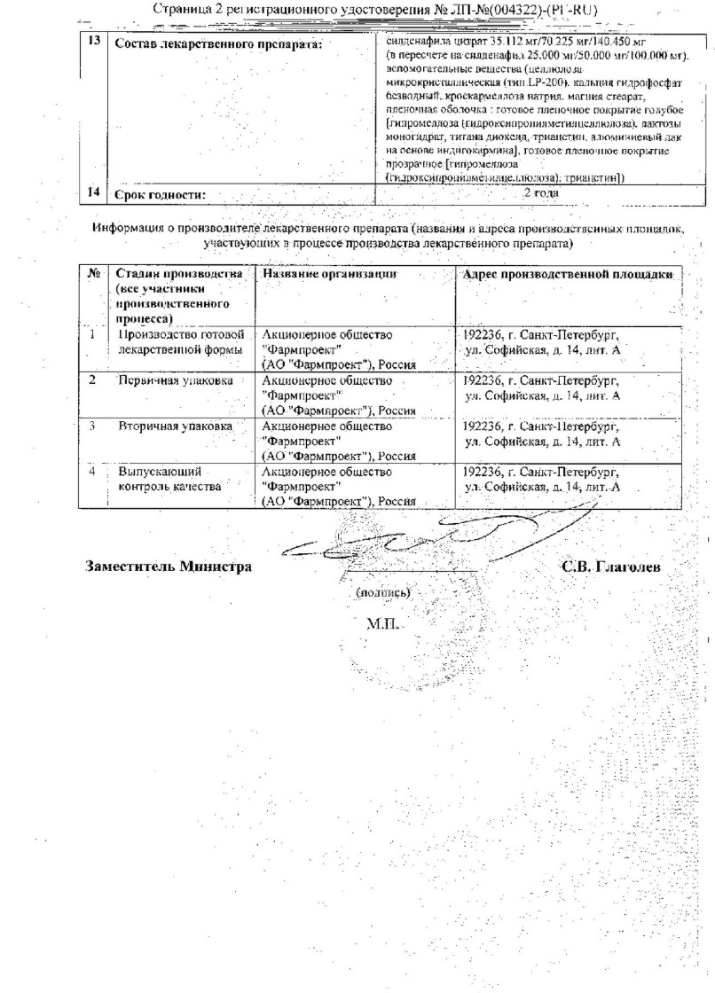 Сертификат на Силденафил таблетки, покрытые пленочной оболочкой 50 мг, 20 шт.