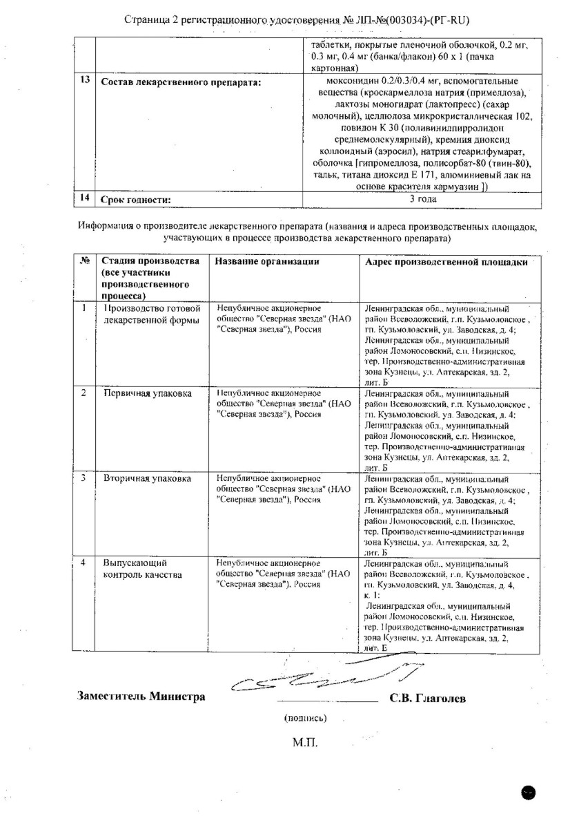 Сертификат на Моксонидин-СЗ, таблетки покрытые пленочной оболочкой 0.2 мг, 28 шт.
