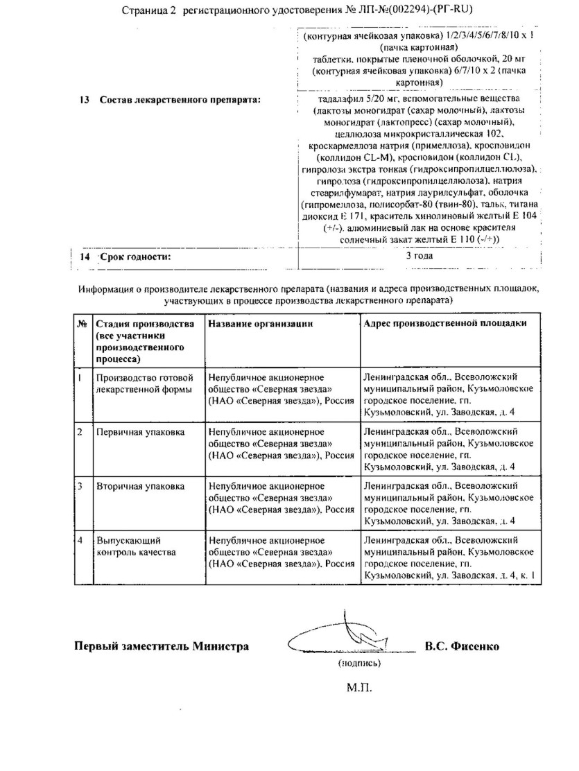 Сертификат на Тадалафил-СЗ, таблетки в плёночной оболочке 5 мг, 14 шт.