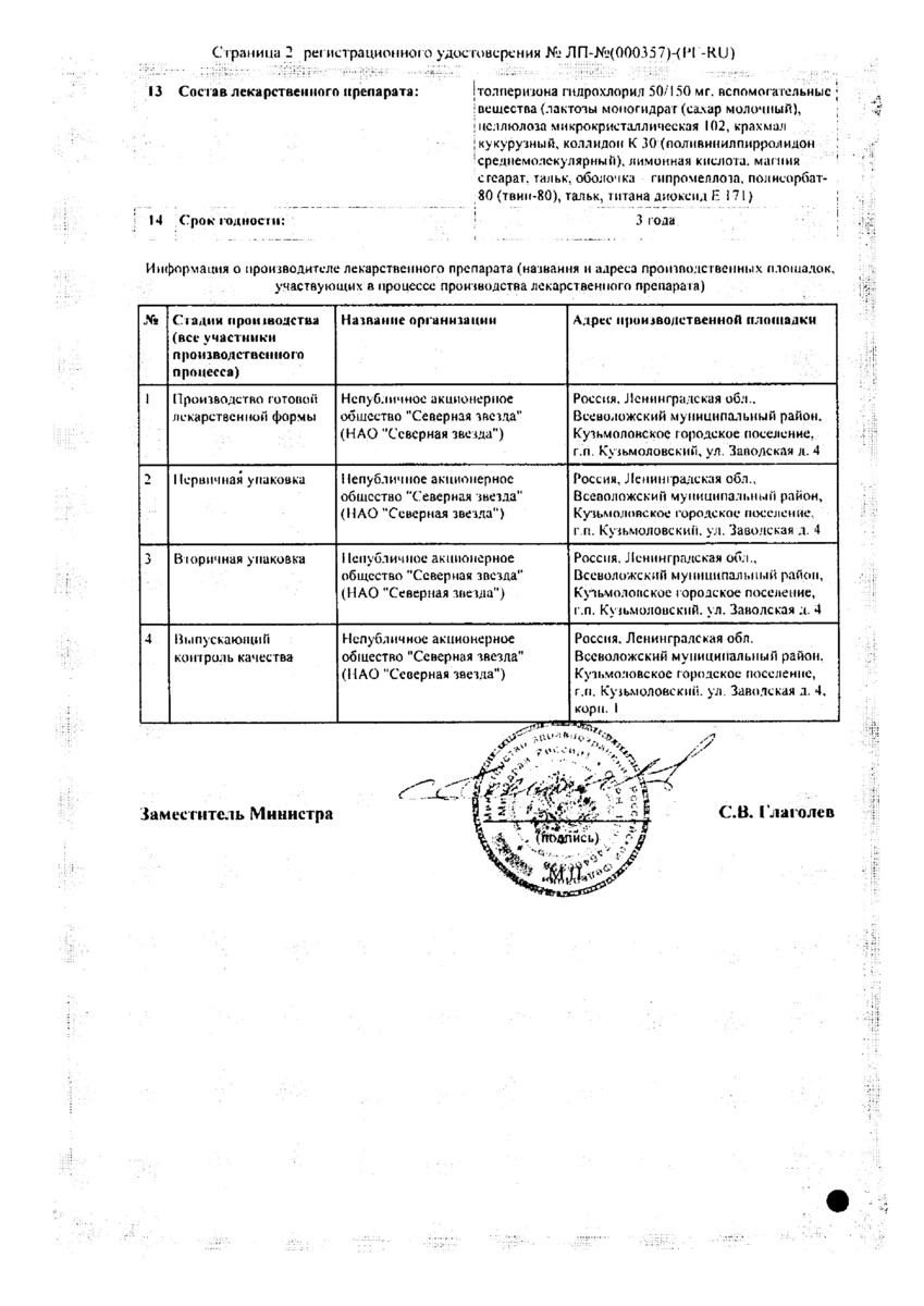 Сертификат на Толперизон-СЗ, таблетки покрыт. плен. об. 150 мг, 30 шт.