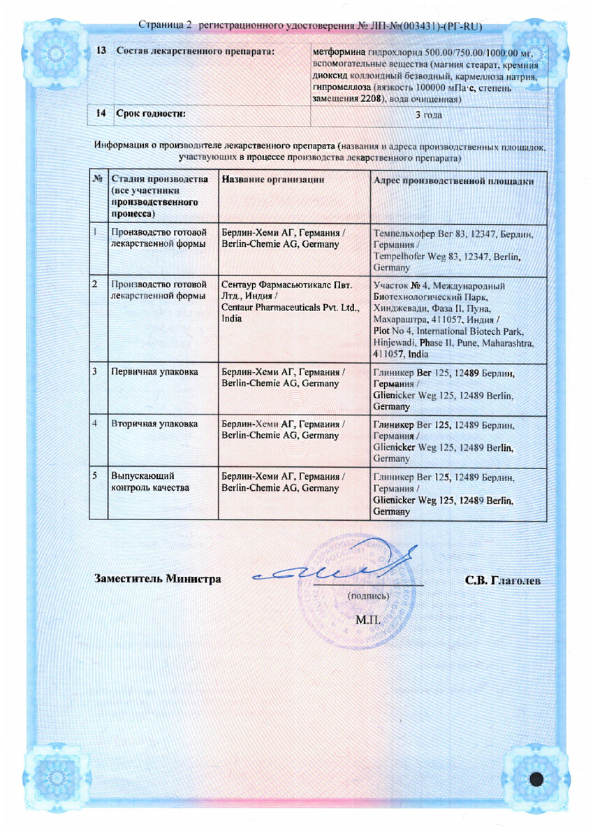 Сертификат на Сиофор Лонг, таблетки с пролонгированным высвобождением 750 мг, 60 шт.