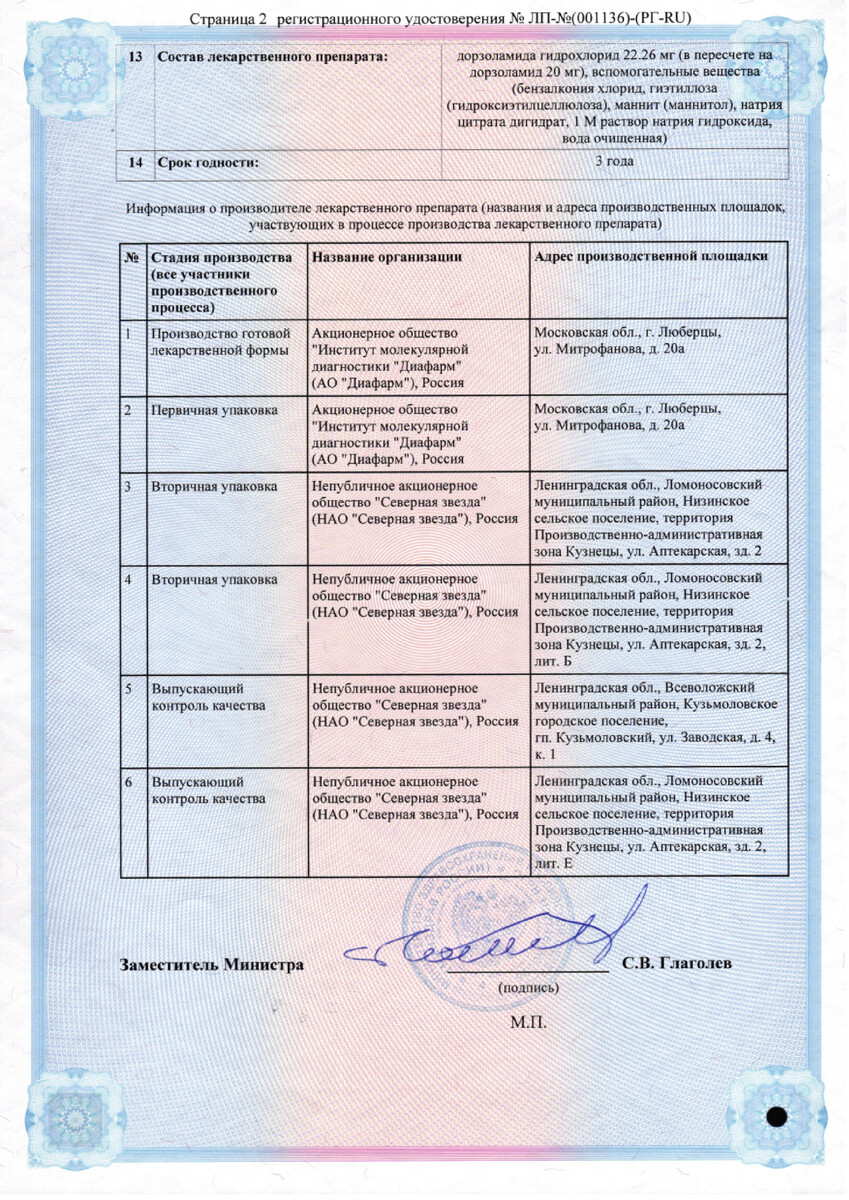 Сертификат на Дорзоламид-СЗ, капли глазные 20 мг/мл 5 мл, 1 шт.