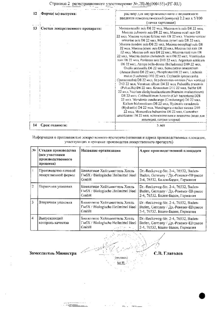 Сертификат на Мукоза Композитум, раствор для в/м и подкожного введения, ампулы 2,2 мл, 100 шт.