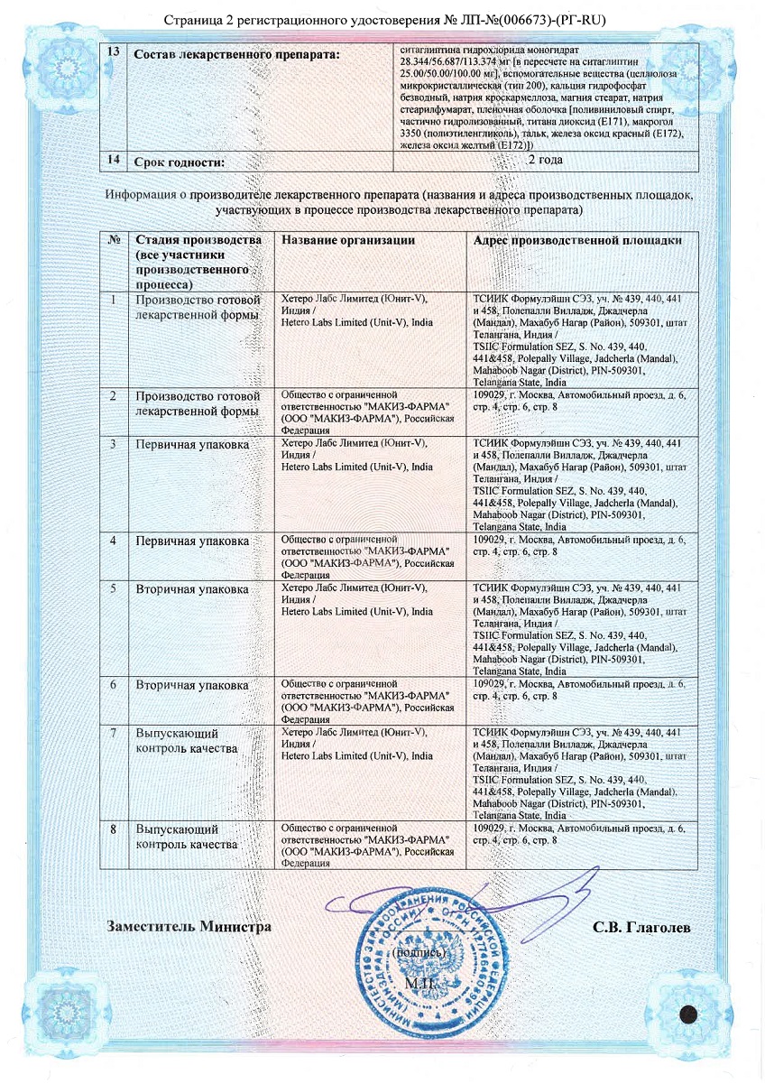 Сертификат на Ситаглиптин таблетки, покрытые пленочной оболочкой 100 мг,  60 шт.