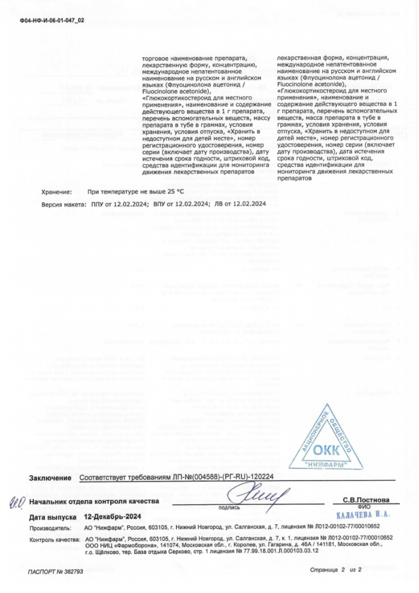 Сертификат на Синафлан, мазь для наружного применения 0,025 % 15 г, 1 шт.