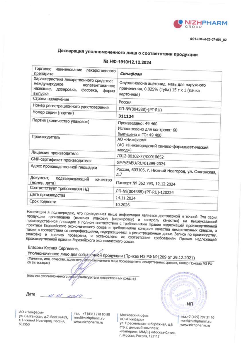 Сертификат на Синафлан, мазь для наружного применения 0,025 % 15 г, 1 шт.