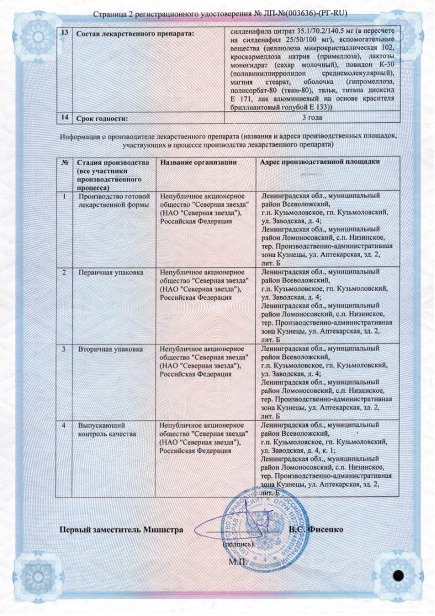 Сертификат на Силденафил-C3, таблетки покрыт. плен. об. 100 мг, 4 шт.