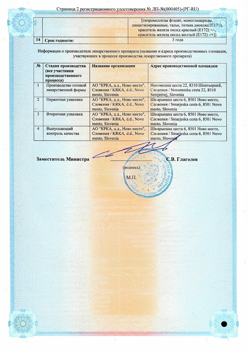 Сертификат на Рабепразол-КРКА, таблетки кишечнорастворимые , покрытые пленочной оболочкой 20 мг, 28 шт.