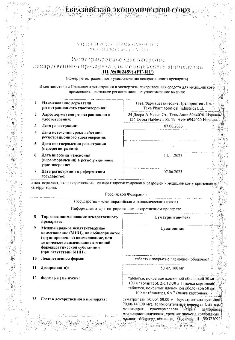 Сертификат на Суматриптан-Тева, таблетки покрытые пленочной оболочкой 50 мг, 12 шт.