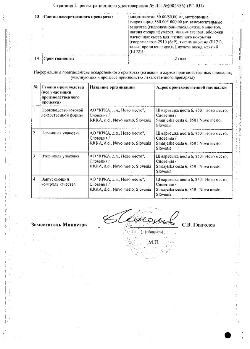 Сертификат на Глипвило Мет таблетки, покрытые пленочной оболочкой 50 мг+1000 мг, 60 шт.