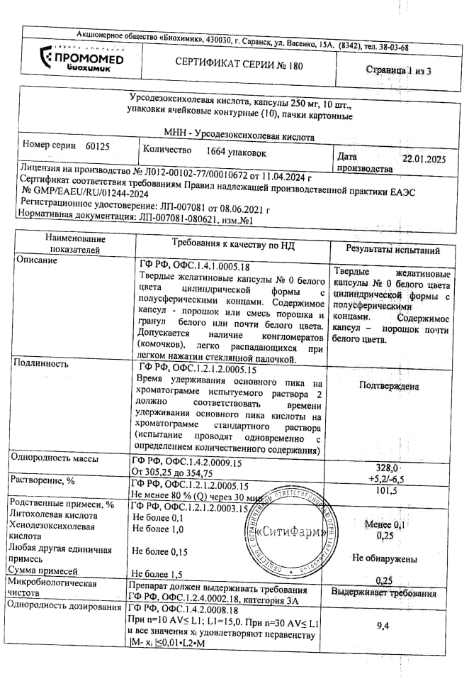 Сертификат на Урсодезоксихолевая кислота, капсулы, 250 мг, 100 шт.