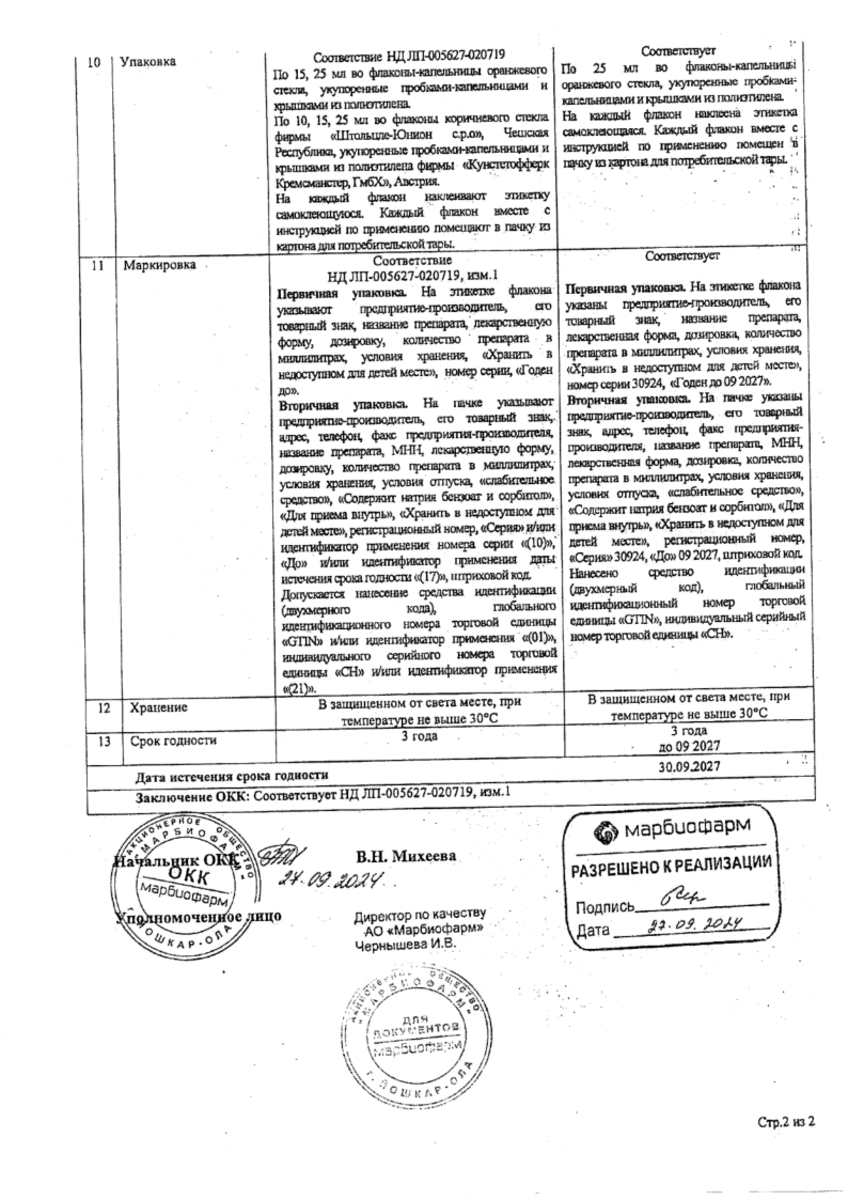 Сертификат на Натрия пикосульфат, капли для приема внутрь 7,5 мг/мл 25 мл, 1 шт.