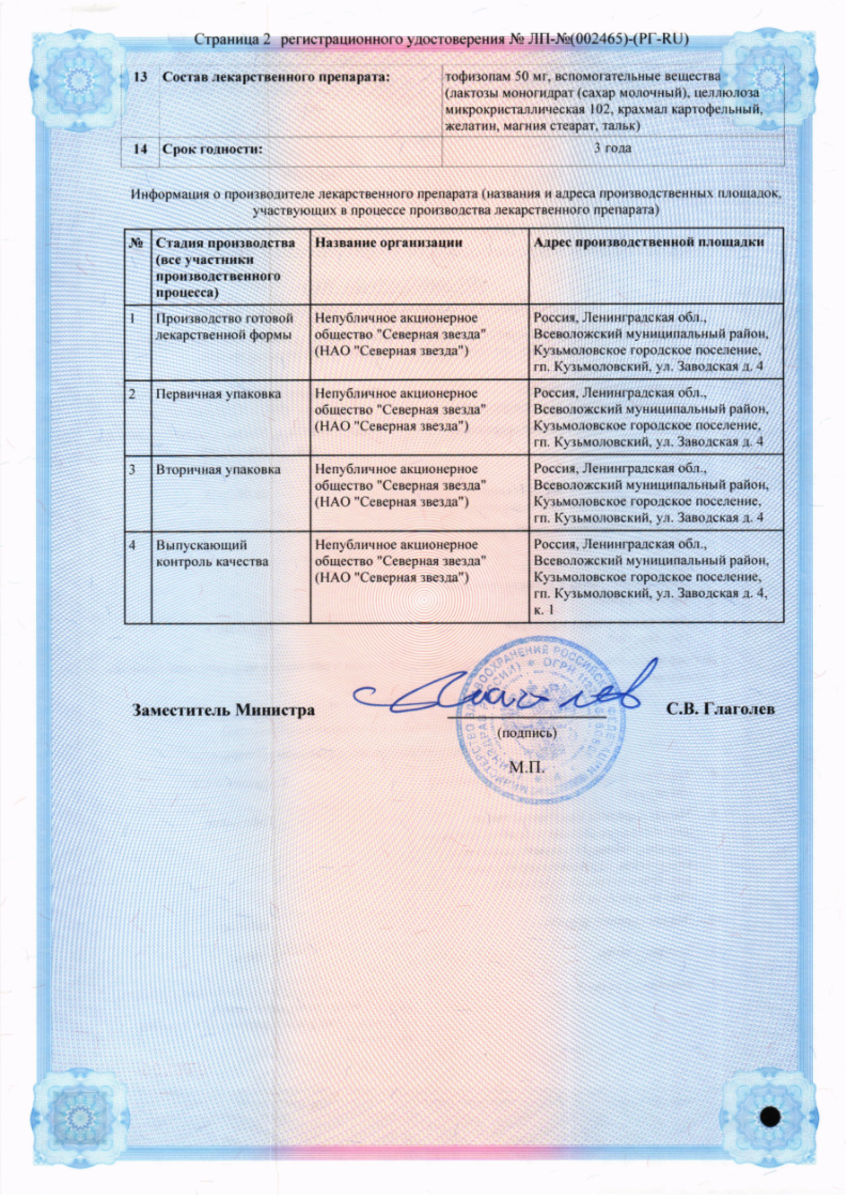 Сертификат на Тофизопам-СЗ, таблетки 50 мг, 60 шт.