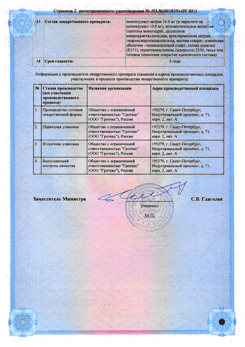 Сертификат на Монтелукаст Солофарм, таблетки покрыт. плен. об. 10 мг, 30 шт.