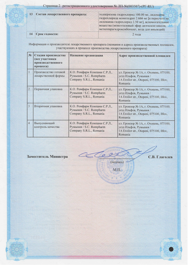 Сертификат на Миотолид раствор для в/м введения 100 мг+2,5 мг ампула 1 мл, 5 шт.