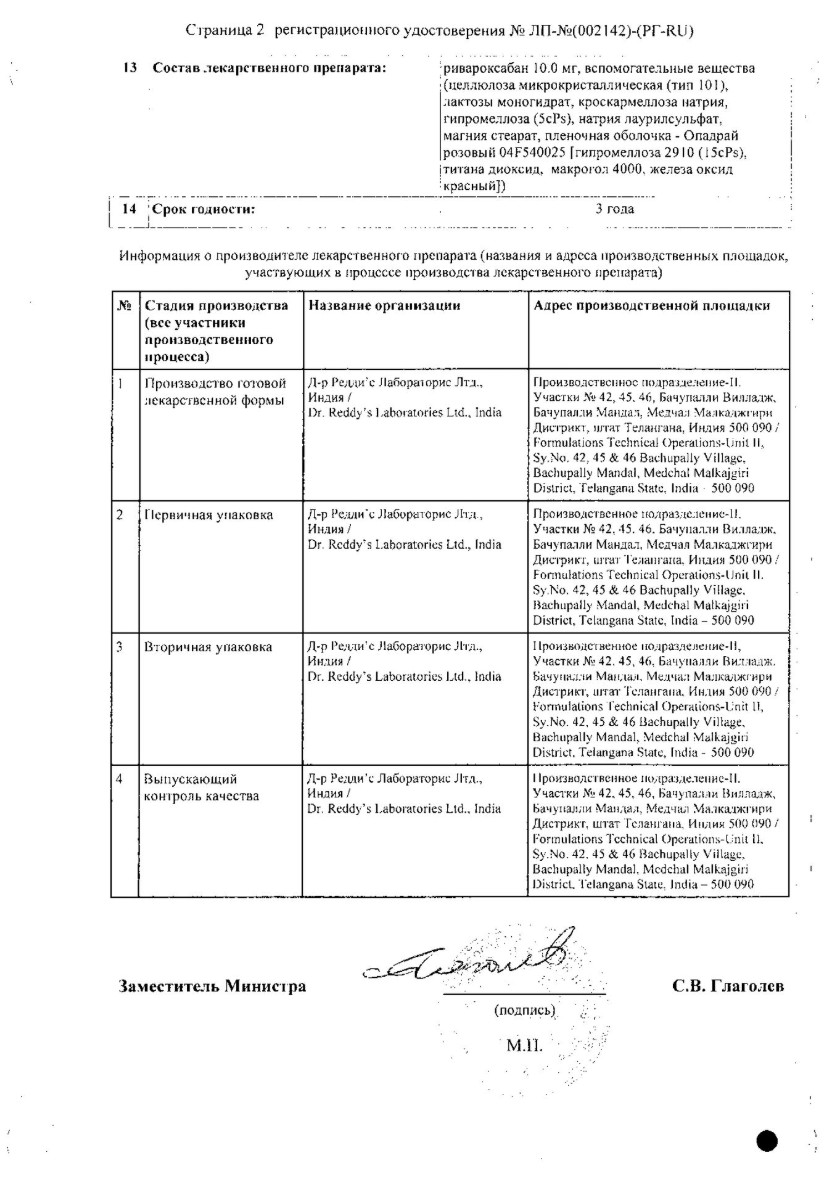 Сертификат на Риваксоред, таблетки покрытые пленочной оболочкой 10 мг, 30 шт.