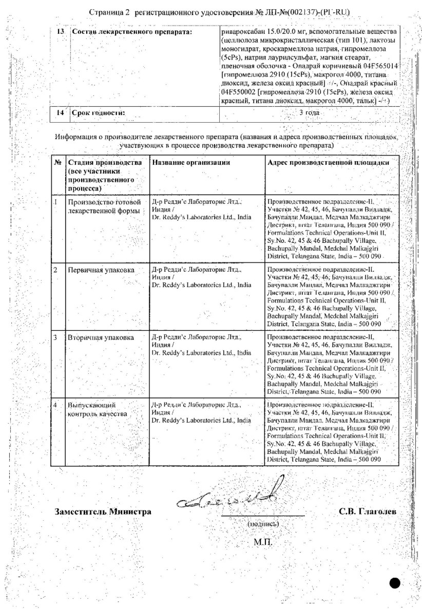 Сертификат на Риваксоред, таблетки покрытые пленочной оболочкой 20 мг, 28 шт.