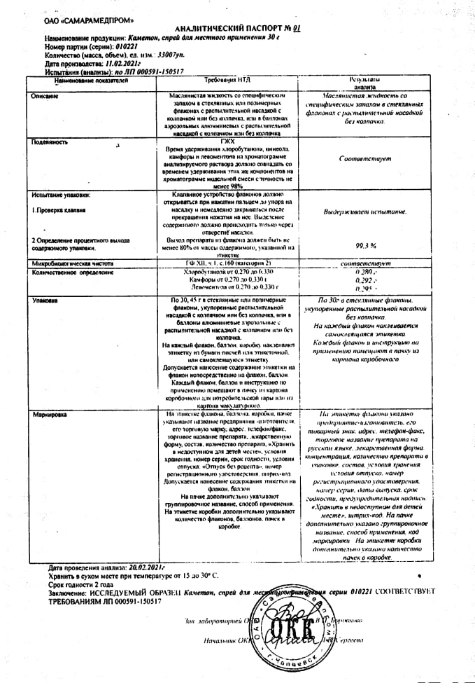 Сертификат на Каметон, спрей, 30 г