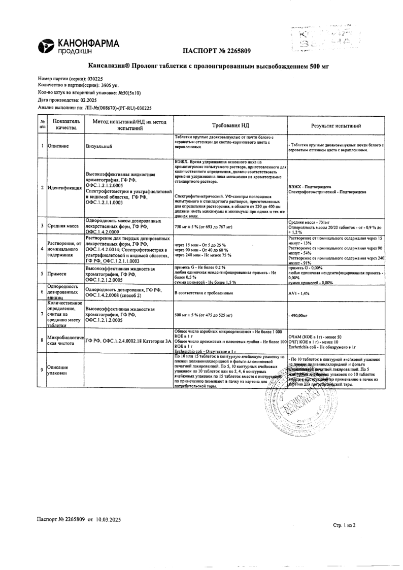 Сертификат на Кансалазин, таблетки с пролонгированным высвобождением 500 мг, 50 шт.
