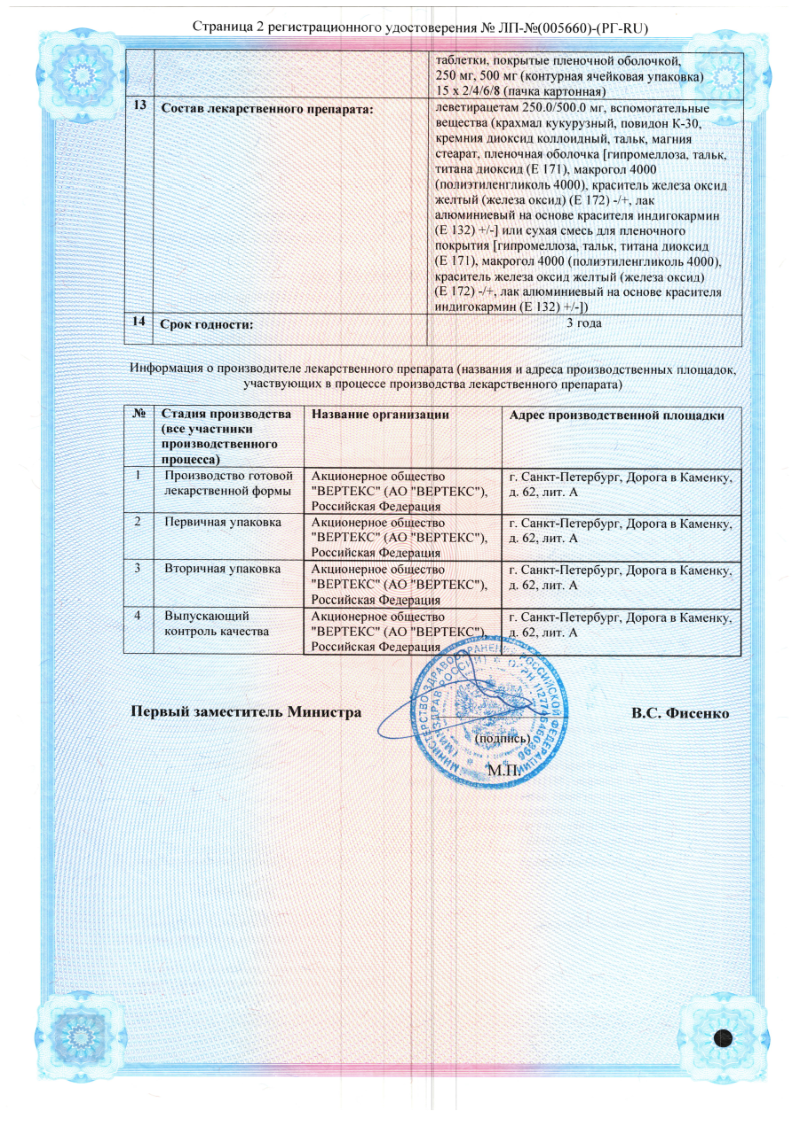 Сертификат на Леветирацетам-ВЕРТЕКС, таблетки покрыт. плен. об. 500 мг, 30 шт.