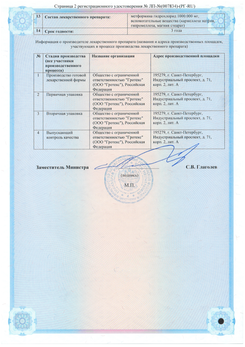 Сертификат на Метформин солофарм, таблетки с пролонгированным высвобождением 1000 мг, 60 шт.