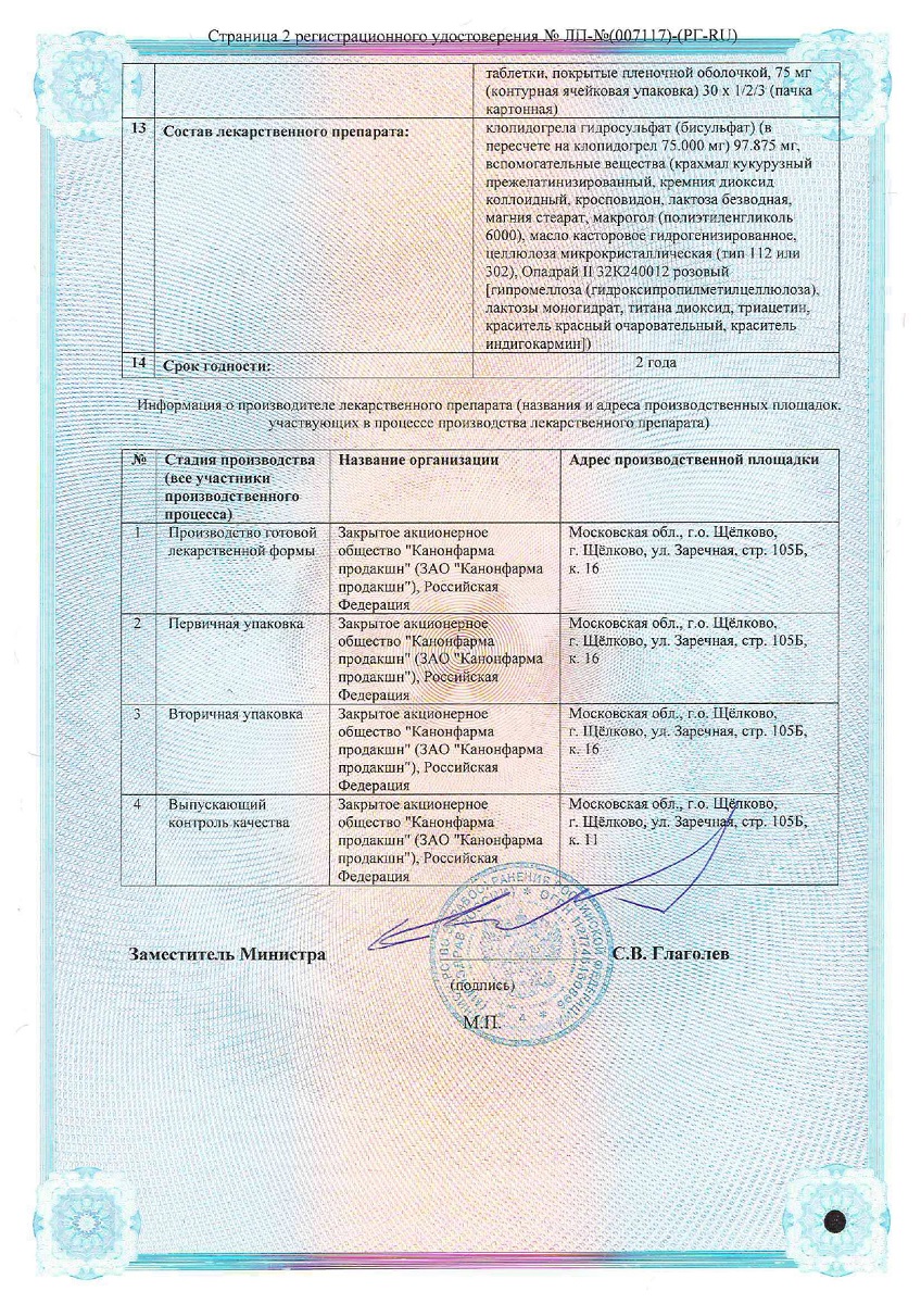 Сертификат на Клопидогрел Канон, таблетки покрыт. плен. об. 75 мг, 14 шт.