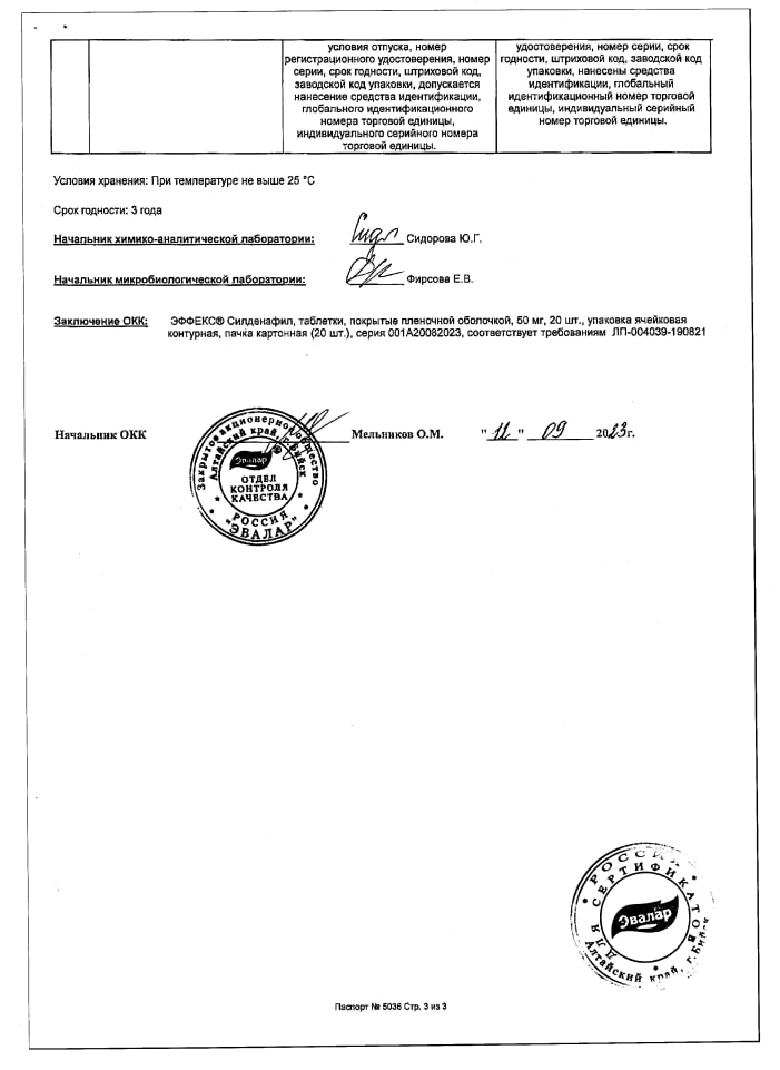 Сертификат на Эффекс Силденафил,  таблетки, покрытые пленочной оболочкой 50 мг, 20 шт.