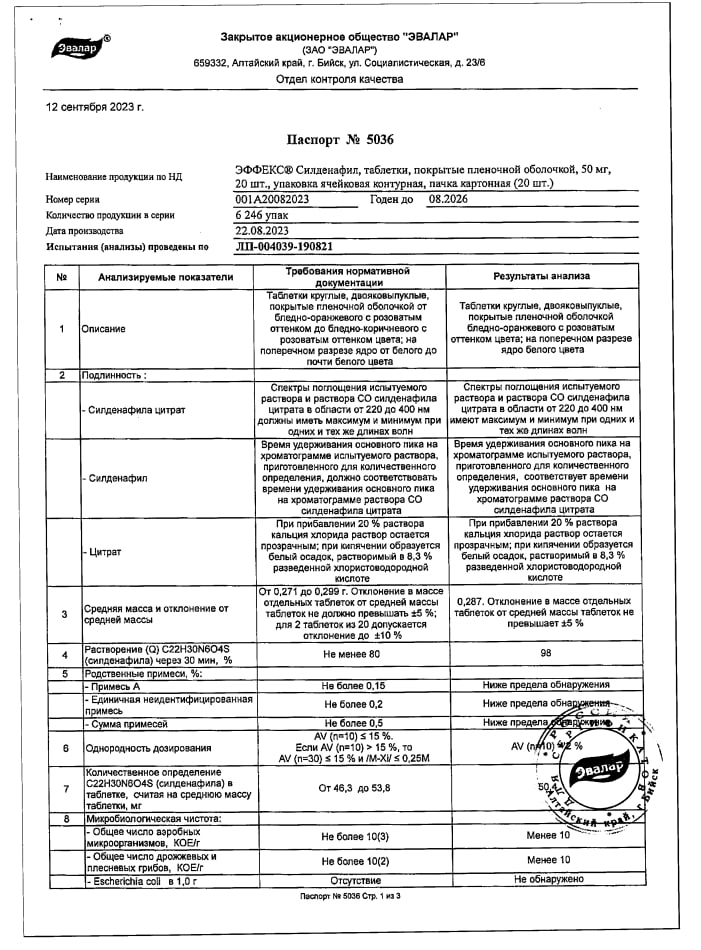 Сертификат на Эффекс Силденафил,  таблетки, покрытые пленочной оболочкой 50 мг, 20 шт.