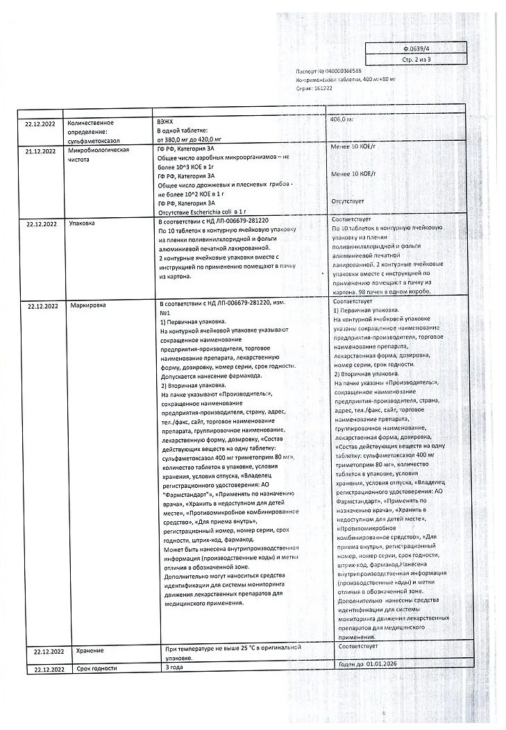 Сертификат на Ко-тримоксазол, таблетки 480 мг, 20 шт.