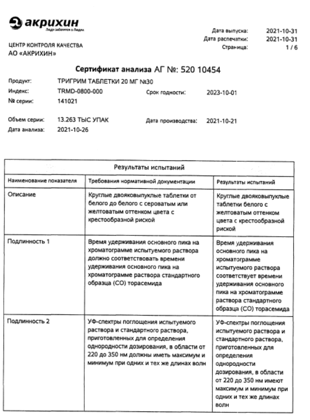 Сертификат на Тригрим, таблетки 20 мг, 30 шт.