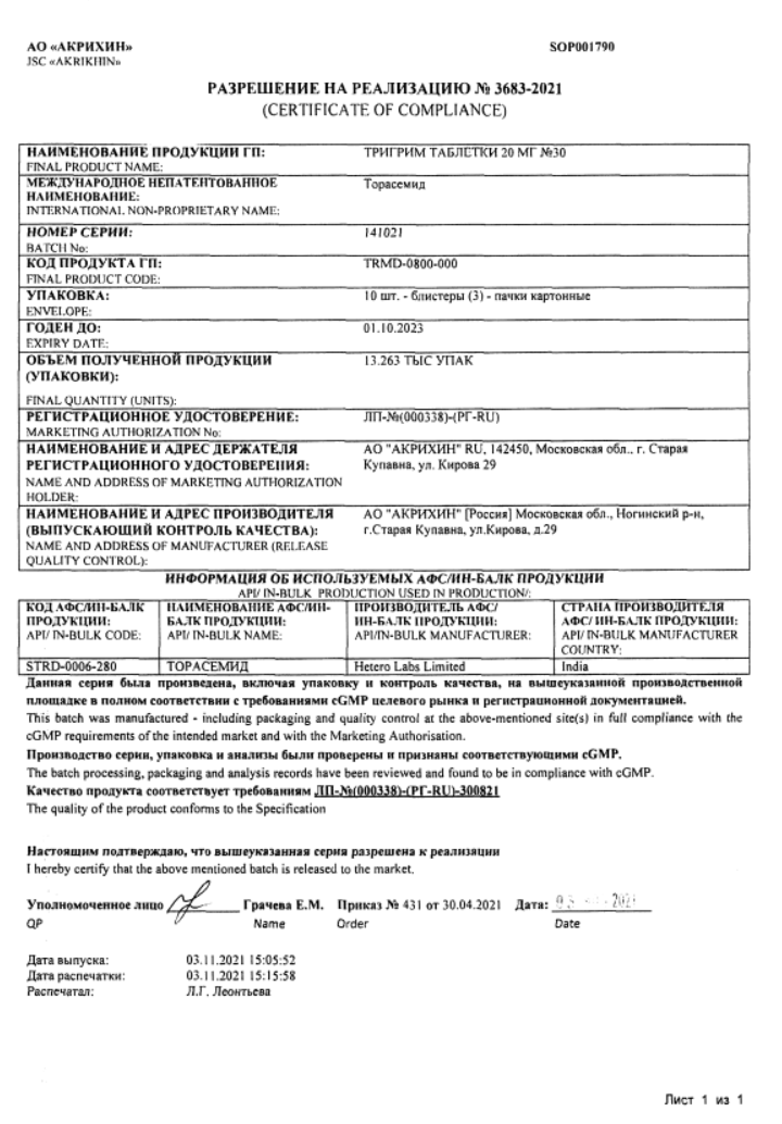 Сертификат на Тригрим, таблетки 20 мг, 30 шт.