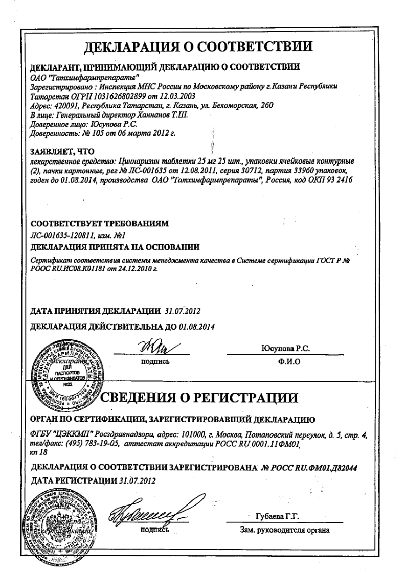 Сертификат на Циннаризин, таблетки 25 мг, 50 шт. (Татхимфармпрепараты)