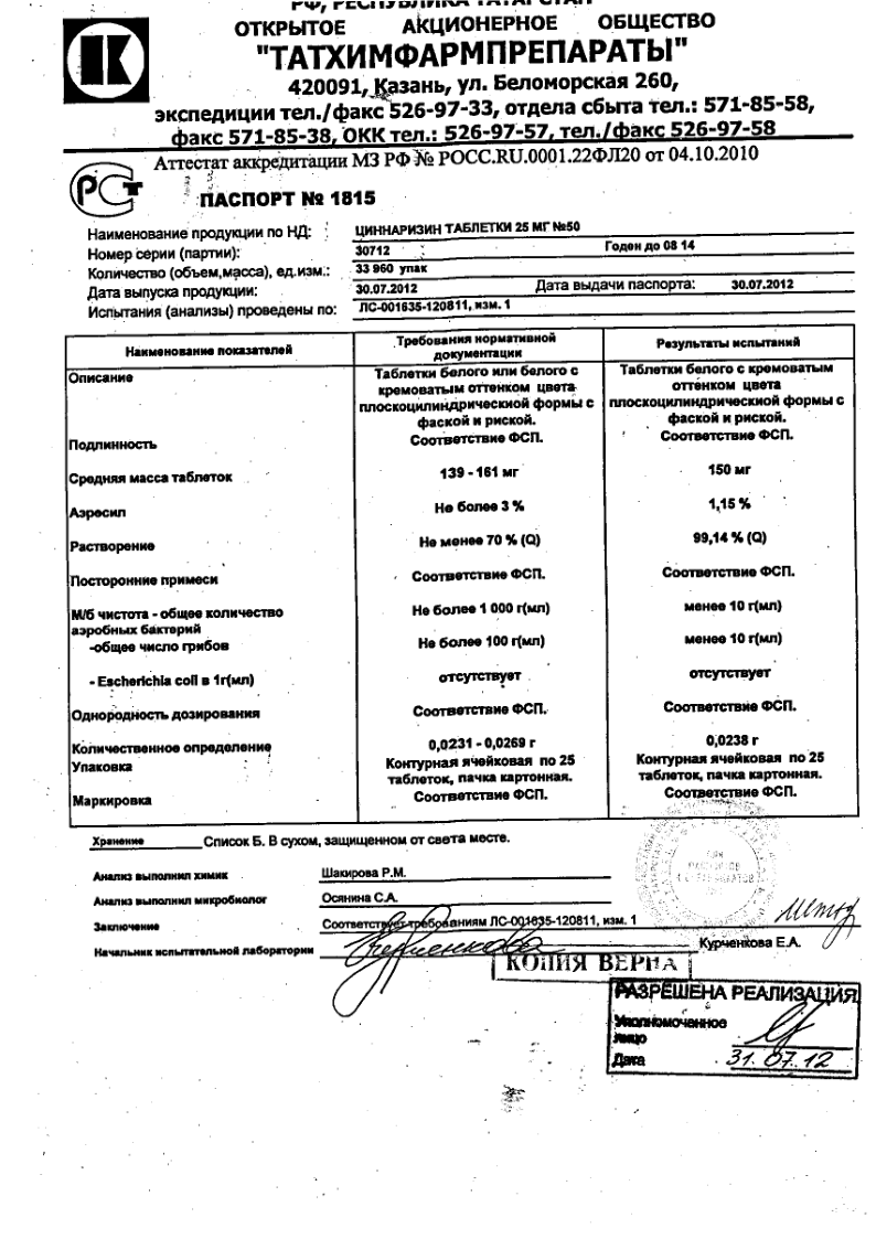 Сертификат на Циннаризин, таблетки 25 мг, 50 шт. (Татхимфармпрепараты)