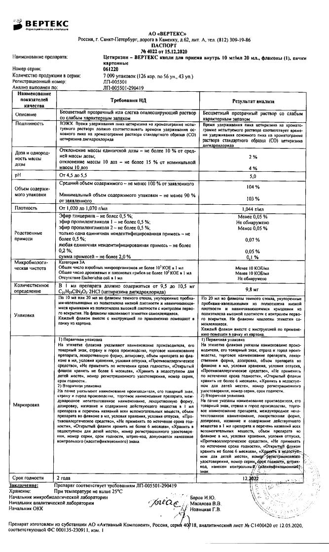 Сертификат на Цетиризин-Вертекс, капли 10 мг/мл, 20 мл
