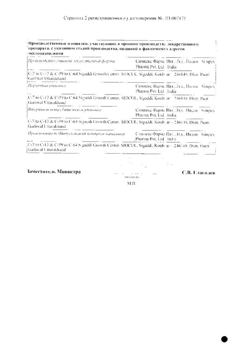 Сертификат на Симпразол, таблетки 500 мг+500 мг, 10 шт.