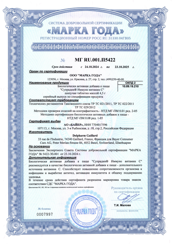 Сертификат на Супрадин Иммуно витамин С, таблетки шипучие, 15 шт.