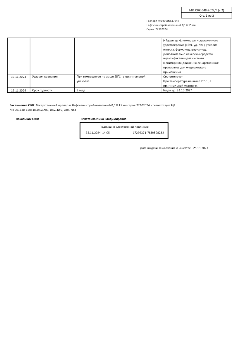 Сертификат на Нафтизин, спрей назальный 0.1%, 15 мл
